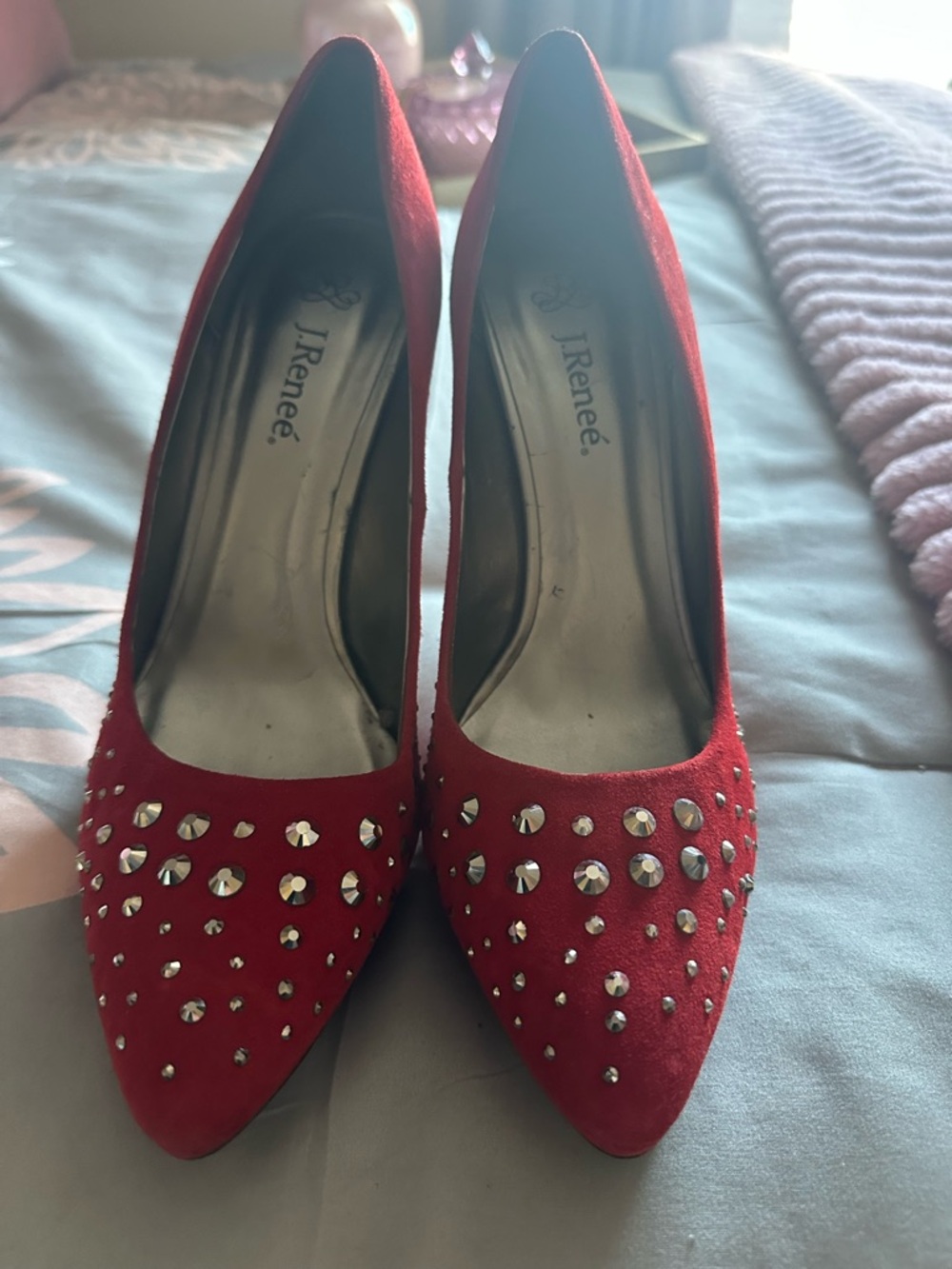 J.Renee Red Crystal-Stud Pointed Pumps